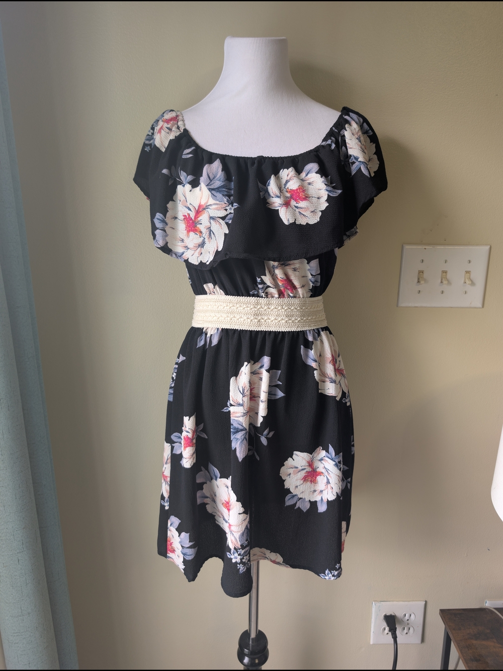 Vacation Floral Print Dress in Black, White And Pink Accent Ruffle Wishful Park